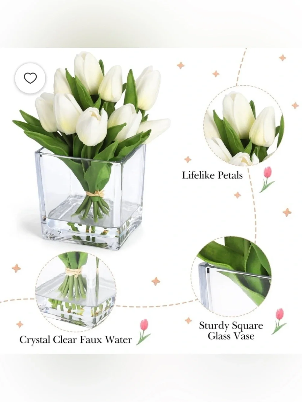 White Tulip Bouquet in Square Glass Vase - Home Accents